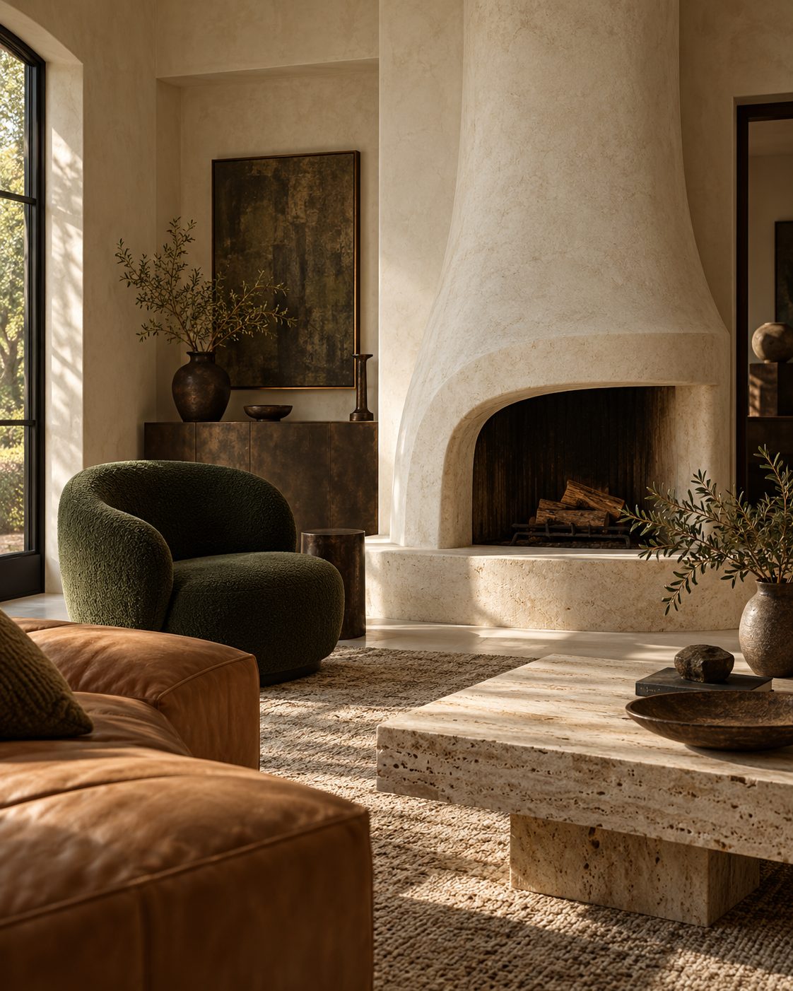 Sculptural residential interior in limestone and forest green