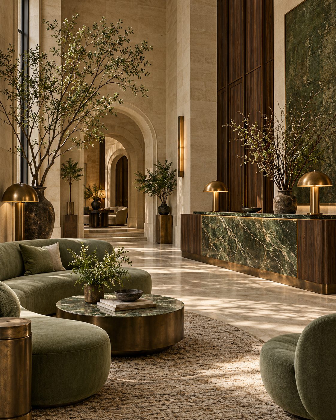 Boutique hotel lobby with green marble and limestone